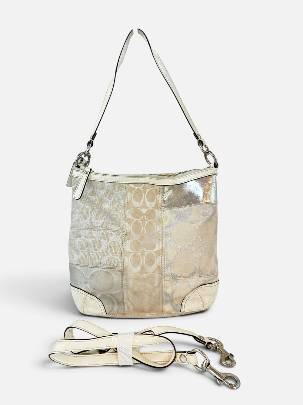 Coach Neutral Patchwork Signature Hobo Bag in Ivory and Metallic